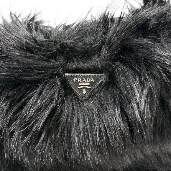 PRADA Vintage Faux Fur Fabric Tote Bag Black Silver Charm Triangle Logo [106226] - Picture 10 of 15
